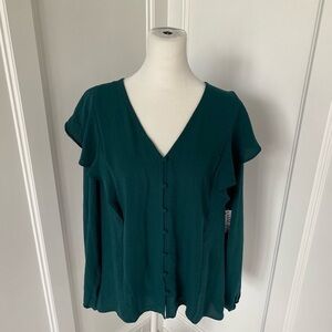 Nine West Womens Green Ruffle V Neck Long Sleeve Button Up Blouse NWT Size Large